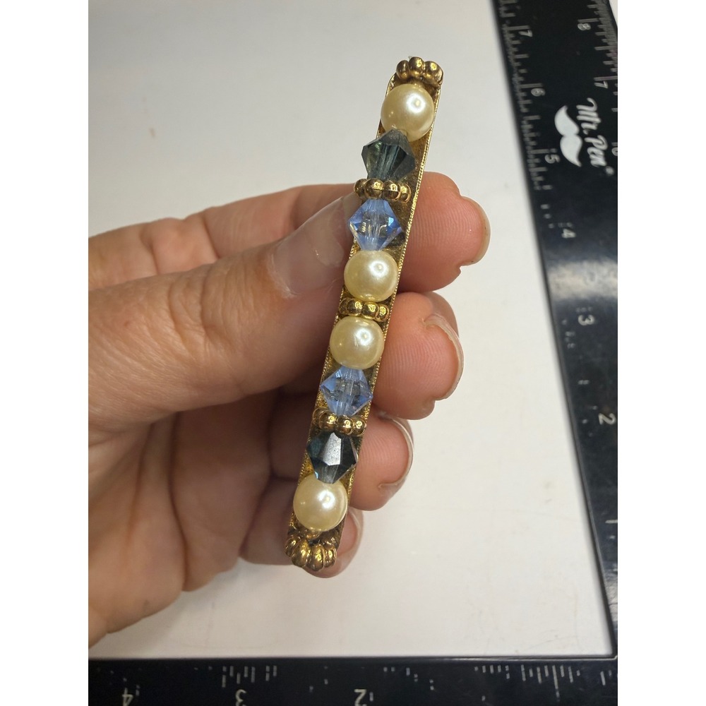 Vintage Gold Tone Bar Brooch Blue Crystal Faux Pearl Bar Pin 2.25 Inch